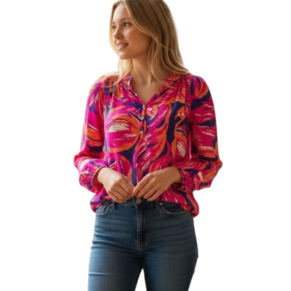 Lilly Pulitzer Fuchsia Blue Orange Silk Blouse. Size XS.
